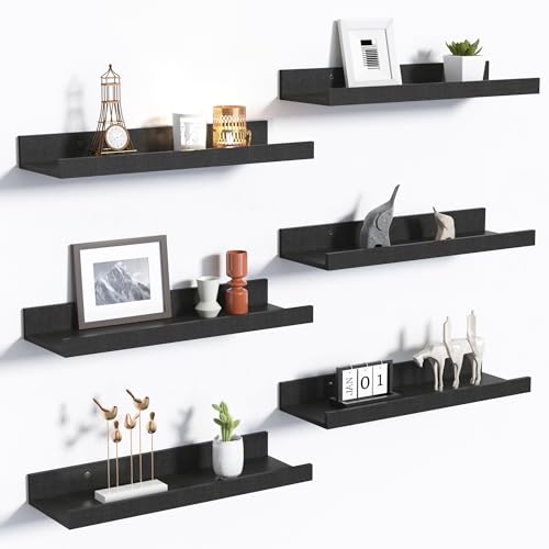 upsimples Floating Shelves for Wall, Wall Shelves for Decor Storage Set of 6, Wall Mounted Wood Shelf for Bedroom, Living Room, Bathroom, Kitchen, Picture Ledge Shelf, Black - color: Black, size: 15.7in