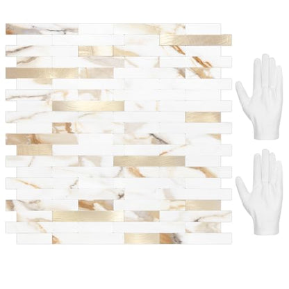 STICKGOO Peel and Stick Backsplash Tile, Stick on Backsplash for Kitchen and Bathroom, Calacatta Gold Marble Look PVC Mixed Metal Gold Self Adhesive Wall Tiles(10 Sheets) - color: Calacatta Gold Mixed Metal Gold