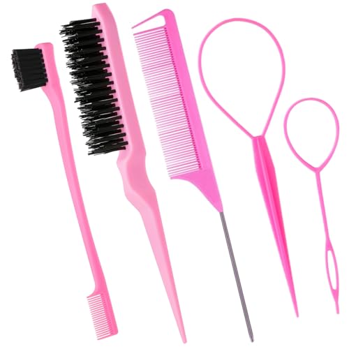 5Pcs Slick Back Brush Set with Topsy Tail Tool, Teasing Bristle, Rat Comb for Women & Girls Hair Styling, Flyaways Control and Edge Combing - Pink - color: PINK