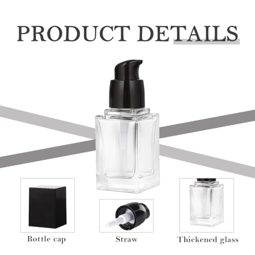 2PCS 15ml/0.5oz Empty Refill Square Glass Cosmetic Pump Bottles Clear Lotion Containers with Black Pump Head Makup Travel Vials for Foundation Cleanser Essential Oils Liquids Cream