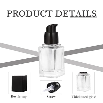 2PCS 15ml/0.5oz Empty Refill Square Glass Cosmetic Pump Bottles Clear Lotion Containers with Black Pump Head Makup Travel Vials for Foundation Cleanser Essential Oils Liquids Cream