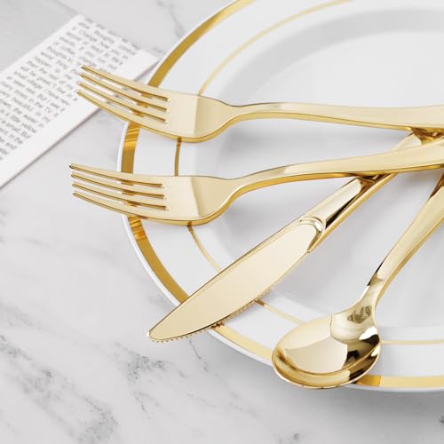BESTVIP 100 Pack Pre Rolled Gold Plastic Silverware Set, Disposable Wrapped Cutlery Set with 100 Napkins, 100 Knives, 100 Forks and 100 Spoons for Party, Birthday - color: Gold