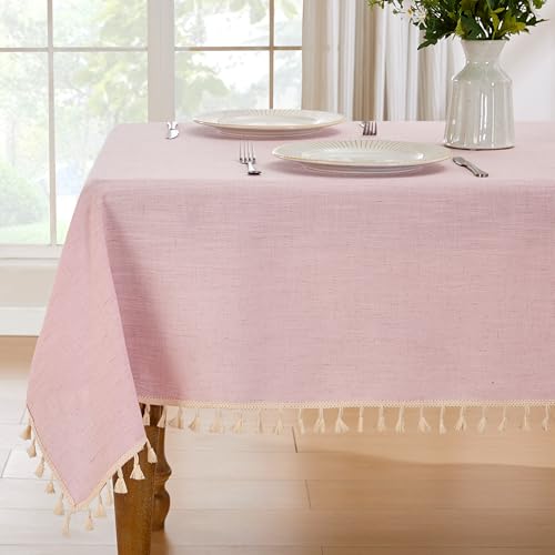 JIALE Valentines Textured Tablecloth, Heavy Duty Linen Style Farmhouse Table Cloth Rectangle Table, Wrinkle-Free Washable Waterproof Table Cover for Kitchen, Dining, Parties, 55"x106", Pink - color: Pink, size: 106" x 55" (Rectangular)