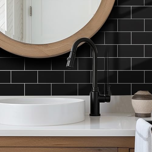 10- Sheet Polished Black Peel and Stick Backsplash, 12’’Luxury Ceramic Look Self Stick Subway Tiles, Waterproof Peel and Stick Wall Tiles for Kitchen and Bathrrom - color: Black