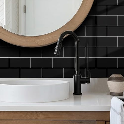 10- Sheet Polished Black Peel and Stick Backsplash, 12’’Luxury Ceramic Look Self Stick Subway Tiles, Waterproof Peel and Stick Wall Tiles for Kitchen and Bathrrom - color: Black