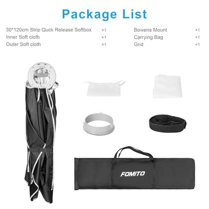 FOMITO 12"x47"/30x120cm Rectangular Softbox, Quick Release Bowens Mount Softbox with Honeycomb Grid, Light Diffusers, Bag for Godox SL-60W SL60IID SL150R SL300R Aputure 120d etc - color: 12*47inch/30*120cm