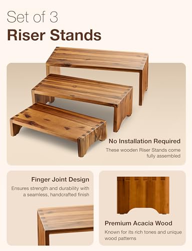Tidita Acacia Wood Risers Display Stands Set of 3 - Wooden 3 Tier Cupcake Stand - 3 Tiered Riser for Vendors - Decorative Display Risers for Food Desserts Stand, Perfume, Funko POP at Party Wedding - color: Acacia