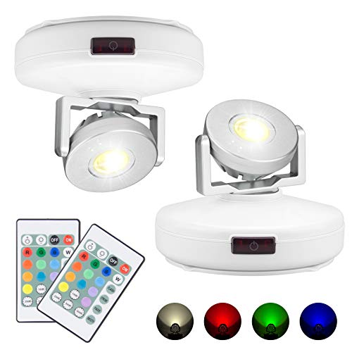 BIGMONAT Battery Operated Spotlight, Wireless LED Accent Lighting for Picture Painting, Color Changing Up Light with Remote and Timer for Artwork Dartboard Plant Tree, Brightness Dimmable, 2 Pack - color: Silver+White 2 Pack, size: Battery Powered