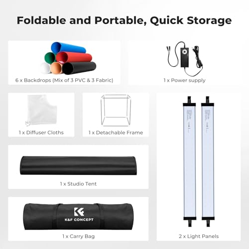 K&F CONCEPT Photo Studio Light Box - 24"x24" Shooting Tent with 2 Adjustable 5600K Light Panels & 6 Backdrops, CRI 97+, Dimmable Portable Folding Lightbox for Product Photography - size: 24*24 Inch