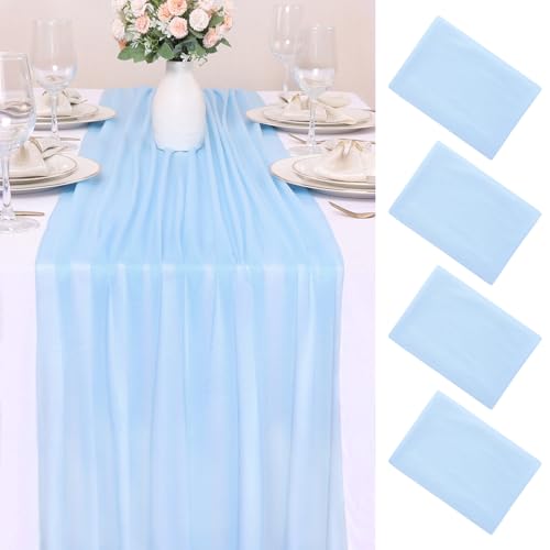 4 Pcs 10FT Sky Blue Chiffon Table Runners 30x120 Inches Tulle Boho Romantic Sheer Table Runner for Wedding Baby Bridal Shower Birthday Party Decorations - color: Blue, size: 10FT × 4pcs