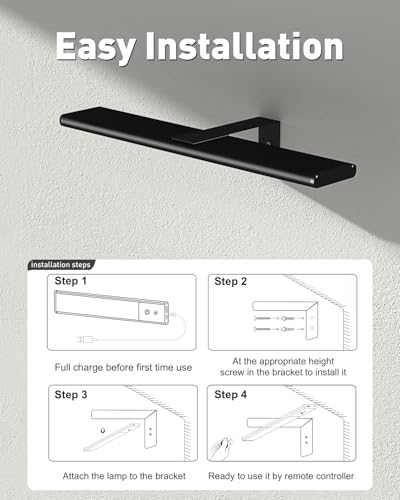 Diomart Picture Lights for Wall, 12'' Dimmable Remote LED Art Light with 15 Color Temps, USB-C Rechargeable Battery Picture Light Wireless, Timer, for Paintings, Canvas, Photos, Bedroom（Black） ﻿