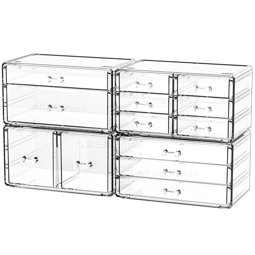 Cq acrylic 4 Pack Clear Acrylic Drawer Organizer Countertop,Stackable 13 Drawers Makeup Storage, Cube Make up Organizer for dresser Hair Clip,Beauty Product Desk and Bathroom Organizers and Storage - size: Large 13 Drawers