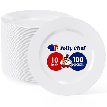 JOLLY CHEF 100 Pieces White Plastic Plates-10 Inch Elegant Disposable Plastic Plate, Disposable White for Weddings,Parties,Christmas,Birthdays and Events - style: White-100