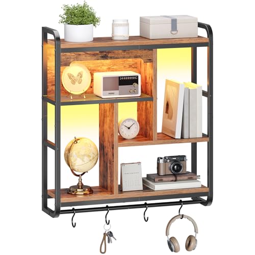 HOOBRO Gaming Floating Shelves with LED Lights, 26.4" LED Wall Mounted Shelf, Modern Corner Shelf 3-Tier Display Rack for Wall Storage, Arched Design, for Living Room, Rustic Brown and Black BF44DBJ01 - color: Rustic Brown + Black