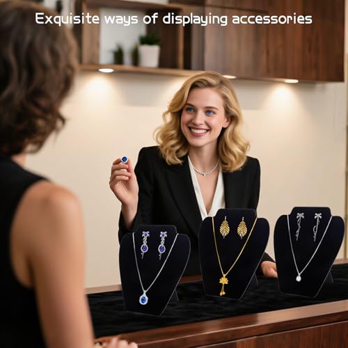 TENINYU Black Necklace Earring Jewelry Display Stand, 8 x 7 Inch Foldable Black Velvet Necklace Bust Easel Chain Holder Organizer Rack for Home or Store Show (4 Pack)