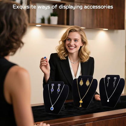 TENINYU Black Necklace Earring Jewelry Display Stand, 8 x 7 Inch Foldable Black Velvet Necklace Bust Easel Chain Holder Organizer Rack for Home or Store Show (4 Pack)