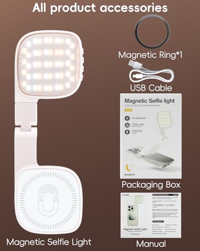 Magnetic Selfie Light for Video Calls, 360° Foldable Ring Light with 3 Colors & Dimmable Brightness, 1000mAh, MagSafe Compatible with iPhone 17-12 & All Phones for Zoom/TikTok/Selfie（White）