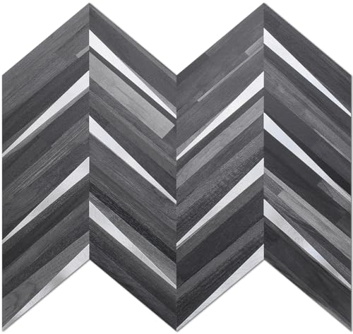 DICOFUN 10-Sheet Herringbone Peel and Stick Backsplash for Kitchen, Black & Grey Wood Look PVC Mixed Metal Chevron Stick on Backsplash Wall Tiles - color: Black Wood and Metal Silver, size: 10 Sheets, 12"x12"x0.12"