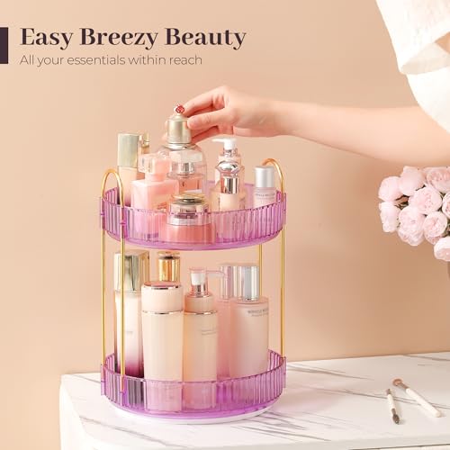 Aveniee Rotating Makeup Organizer for Vanity, Perfume Skincare Organizers Spinning, 2 Tier Bathroom Countertop Storage, Cosmetics Lipstick Holder for Counter Dresser,Purple - color: Crystal Purple, size: Standard-2 Tier