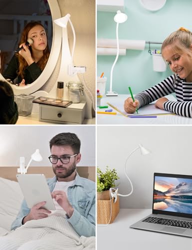 LiFMIRA Desk Lamp Clip on Light USB Reading Light 3 Color Modes 10 Dimmable Brightness Eye Care Clamp Desk Lamp Flexible Gooseneck Book Light for Reading in Bed and Desk - color: White