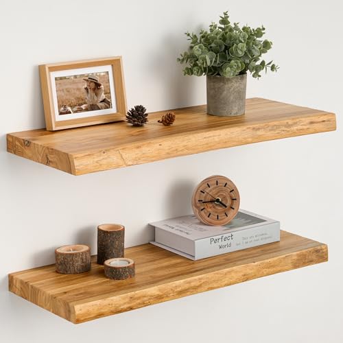 Floating Shelves Set of 2, Solid Elm Wood Wall Shelves 24 Inch - Invisible Bracket Mount for Living Room, Bedroom, Kitchen, Bathroom - Natural - color: Clear Natural, size: 24"L, 2-Pack