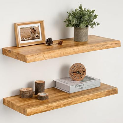 Floating Shelves Set of 2, Solid Elm Wood Wall Shelves 24 Inch - Invisible Bracket Mount for Living Room, Bedroom, Kitchen, Bathroom - Natural - color: Clear Natural, size: 24"L, 2-Pack
