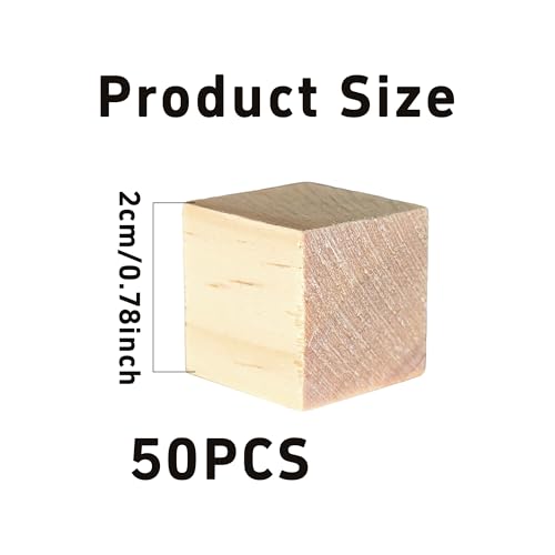 50Pcs 0.78inch Unfinished Natural Wooden Cubes, Square Craft Wood Blocks for DIY Projects, Blank Wood Squares for Art, Building, Personalized Crafts, Wedding Decor, and Creative Displays - size: 2cm
