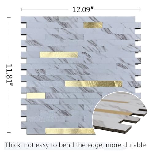 10-Sheet Peel and Stick Backsplash Tile, PVC Mixed Metal Stick on Backsplash Tiles for Kitchen (White Marble + Gold-2, 10) - color: White Marble + Gold-2, size: 10