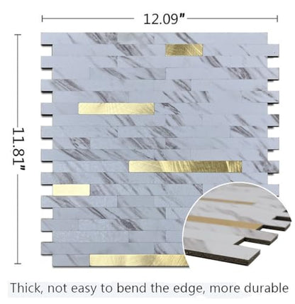 10-Sheet Peel and Stick Backsplash Tile, PVC Mixed Metal Stick on Backsplash Tiles for Kitchen (White Marble + Gold-2, 10) - color: White Marble + Gold-2, size: 10