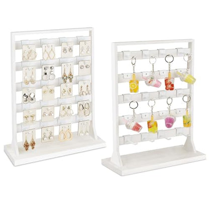 Ikee Design Free Assemble 2 Pcs Set Wooden Jewelry Display Rack with 20 Removable Metal Hooks/Each, Earring Card Display Holder Stand for Necklaces,Bracelet, Keychain Stand, Wash White - color: e) Wash White w/White Hook, 2 Pieces