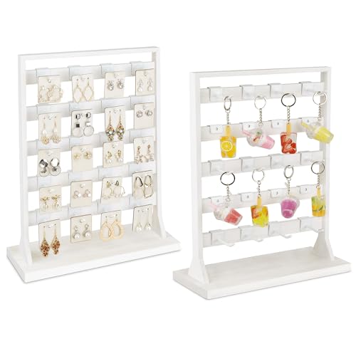Ikee Design Free Assemble 2 Pcs Set Wooden Jewelry Display Rack with 20 Removable Metal Hooks/Each, Earring Card Display Holder Stand for Necklaces,Bracelet, Keychain Stand, Wash White - color: e) Wash White w/White Hook, 2 Pieces