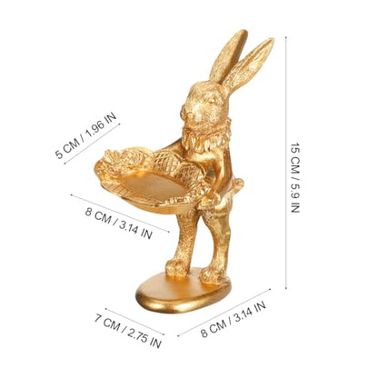 Garneck Gold Bunny Statue Decor: Retro Rabbit Figurine with Oval Plate Jewelry Trinket Dish Ring Tray for Earrings Necklace Bracelet Keys Desktop Nightstand Easter Home