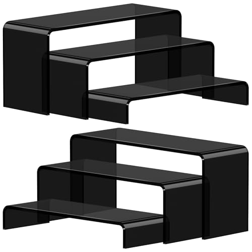Funfery Acrylic Display Risers, 2 Set(7.8"L~8.2"L~8.6"L) Display Shelf for Figure, Collectibles, Cupcake, Black Acrylic Stands for Dessert, Jewelry, Candy Showcase, 3 Tier Action Figure Stand Holder - color: Black, size: 6 Pcs