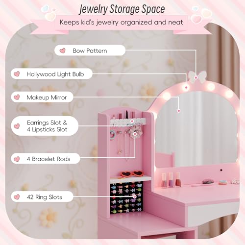 Girls Vanity Table and Chair Set, Kids Vanity with Jewelry Organizer for Princess, Toddler Makeup Vanity Desk with Open Shelf, Closed Cabinet and Butterfly Pattern, Pink - color: Pink
