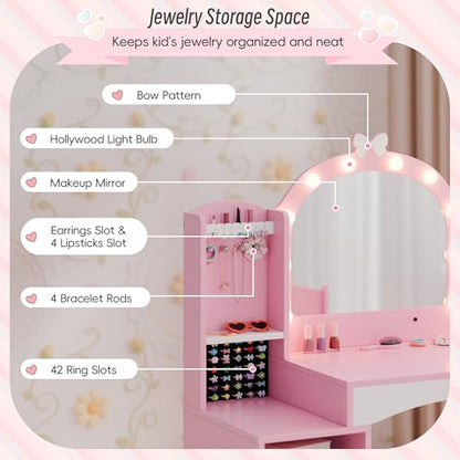 Girls Vanity Table and Chair Set, Kids Vanity with Jewelry Organizer for Princess, Toddler Makeup Vanity Desk with Open Shelf, Closed Cabinet and Butterfly Pattern, Pink - color: Pink