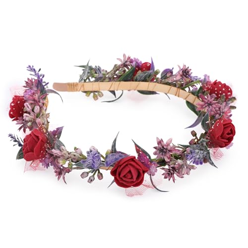 Women's Red Flower Crown Headband - Lace and Foam Hairband with Rose Floral Decoration, Suitable for Weddings, Parties, and Everyday Wear for Women - color: Red