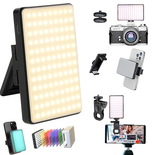 Clip-on Selfie Phone Light Video Recording – 120 Rechargeable CCT LEDs with 6 Color Filters, Light Diffuser, Clip Mount, Hot Shoe - for Phone, DSLR, Laptop, Zoom and Streaming