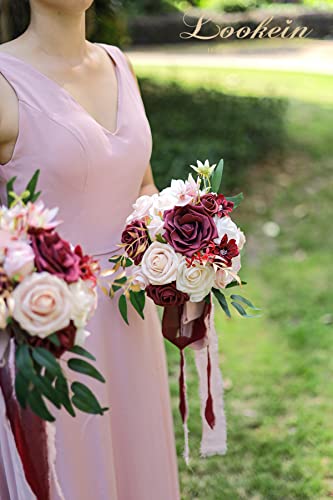 Lookein Set of 4 Bridesmaid Bouquet for Wedding 7 Inch Artificial Flowers Bouquet Wedding Bouquet Bridal Bouquet Tossing Bouquet for Wedding Ceremony Anniversary Celebration, Delicate Marsala - color: 7" Romantic Marsala