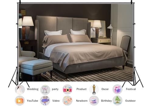 Luxury Hotel Bedroom Backdrop Gray Upholstered Headboard Neutral Tones Interior Background Home Decor Party Decorations Tapestry Elegant Wall Hanging Photo Booth Studio Props 5X4ft Fabric - size: 5X4ft