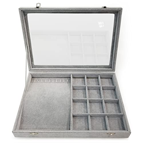 Ice Velvet Jewelry Box Display Case with a Clear Glass Window,10 Hooks Necklace Organizer Box and 12 Grids for Earrings Rings Storage Grey - color: 12 Grids & 10 Necklace Hooks