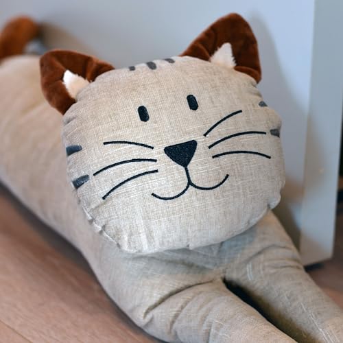 Kitty Cat Draught Door Stopper, Soft Beige Grey Flax Linen and Cotton, Curly Brown Ears and Tail, 29.75 Inches Long, 4.75 lbs. - color: Beige