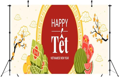 BELECO 12x10ft Fabric Happy TET Vietnamese New Year Backdrop TET Decorations Lunar New Year Background Asian New Year Party Decorations Holiday Photoshoot Studio Props - size: 12x10FT