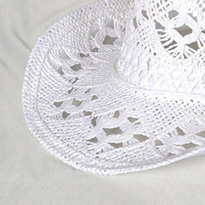 Straw Cowboy Hats Ventilated Hollow Round Foldable Sun Hats for Women Summer Western Cowgirl Beach Hat Photo Prop - color: White
