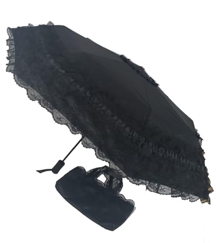 WENDIN Vintage Foldable Lace Parasol Gothic Umbrella rain Anti-uv Protection parasol sunblock umbrella dome Photo Props girls women lace umbrellas - color: Auto-Black