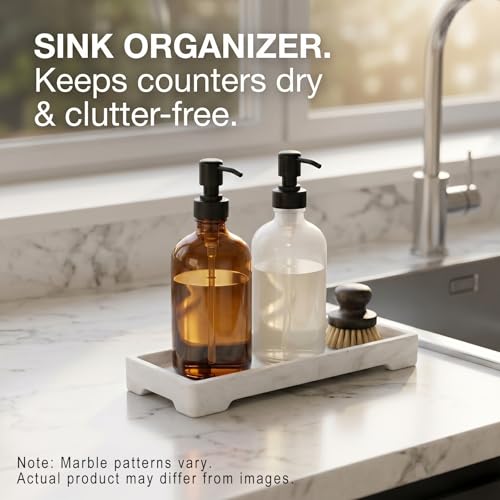 Countertop Vanity Tray - Silicone Bathroom Sink Organizer & Kitchen Soap Tray, Footed Anti-Slip Design, Waterproof Caddy for Perfume, Jewelry, Makeup, Bottle, Oil, Sponge Holder, White Marble 10"x4.2" - color: White Marble