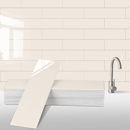 24-Pieces Peel and Stick Tiles for Kitchen Backsplash, New Upgrade Design 12" x 3"SPC Subway Backsplash Tiles, Cream Beige Premium Finger Tiles (White). - color: White, size: 10 Sheet