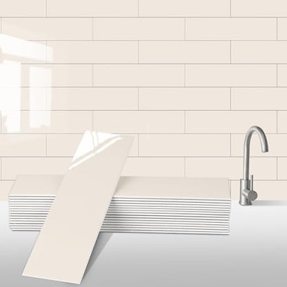 24-Pieces Peel and Stick Tiles for Kitchen Backsplash, New Upgrade Design 12" x 3"SPC Subway Backsplash Tiles, Cream Beige Premium Finger Tiles (White). - color: White, size: 10 Sheet