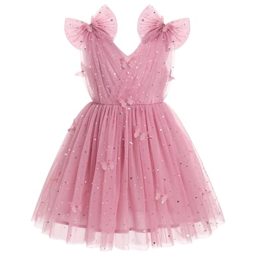 IMEKIS Toddler Kids Girls Butterfly Dress Sparkle Sequins Tulle Wedding Formal Birthday Dresses 2-10T - color: Dusty Pink, size: 9-10 Years