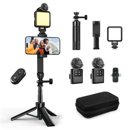 yAyusi Vlogging Kit for iPhone/Android，31" Selfie Stick Tripod with Light, Microphone, Remote Control ＆ Storage Boxes, YouTube Starter Kit for Interviews, Vlogs, TikTok, YouTube Video Recording
