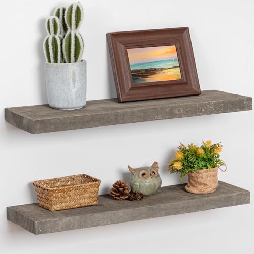 FLYJOE Floating Shelves, 8 Inch Deep Rustic Solid Reclaimed Wood Wall Shelves for Storage, Wall Mounted Display Shelving with Invisible Heavy-Duty Metal Bracket, 24 Inch Width Set of 2, Cement Grey - color: Distressed Grey, size: 24inches-2p